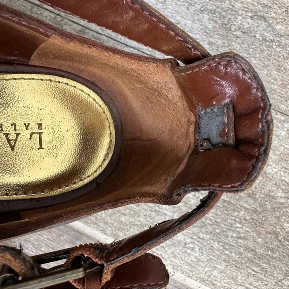 Ralph Lauren Hannie Brown T Strap‎ Peep Toe Wedge Sandals Leather Sz 8.5 - Picture 13 of 16
